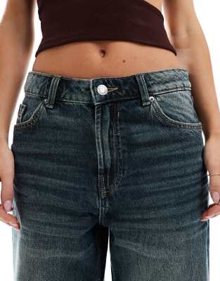 Bershka Petite baggy wide leg jeans in mid wash blue