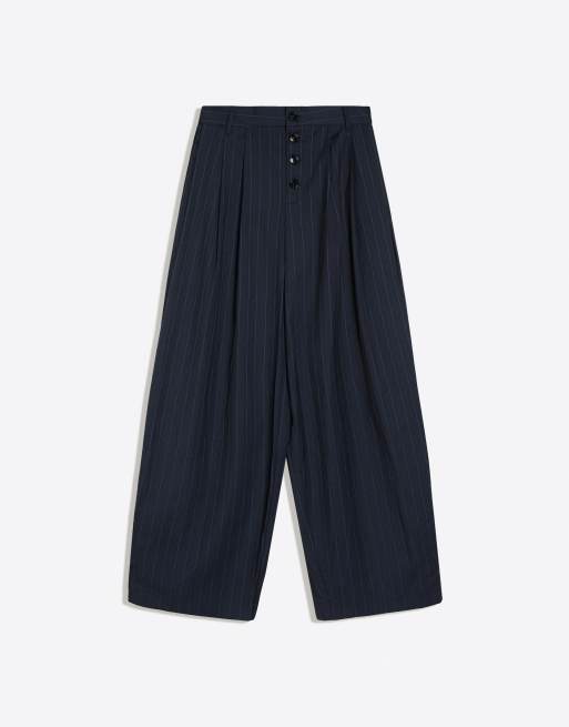 Bershka Petite balloon trousers with buttons in blue, 5 of 5