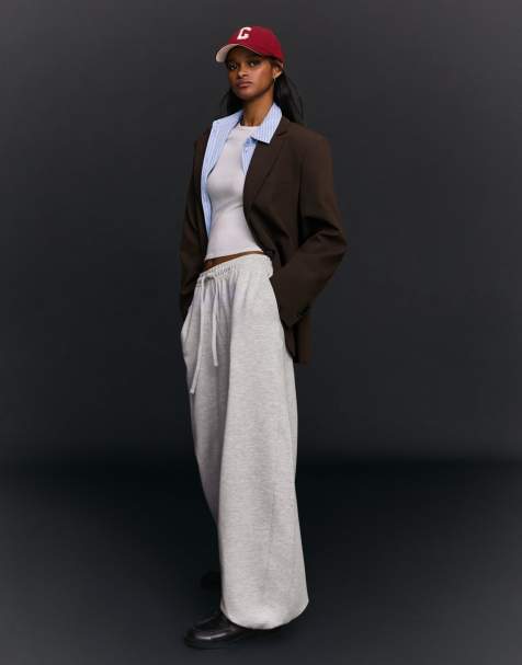 Bershka Petite barrel plush trousers with stoppers in light grey