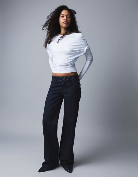 Bershka Petite – Blå, baggy jeans med låg midja och nitar - view 1