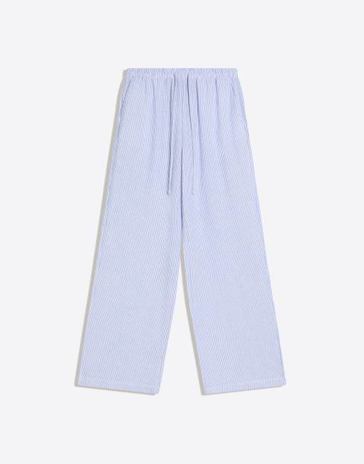 Bershka Petite - Blå bukser med elastisk taljebånd i hørrigt stof, 4 af 4