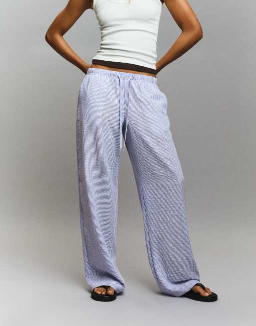 Bershka Petite – Blå byxor i linnerikt tyg med elastisk midja, 2 av 4