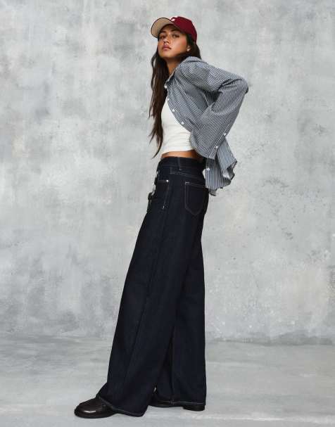 Bershka Petite – Blå jeans med vida ben och låg midja - view 1