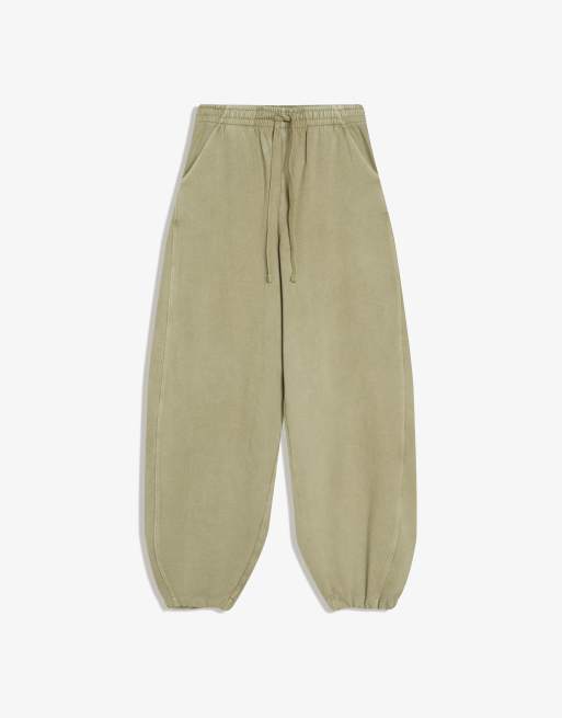Bershka Petite - Bløde kakifarvede barrel-bukser med snører ved buksekanten, 4 af 4