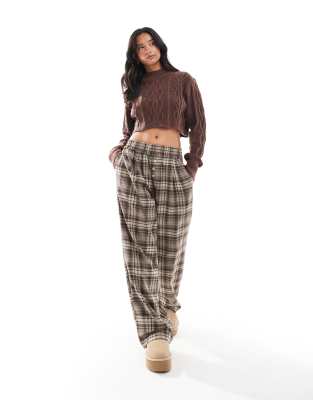 Petite button front pull-on wide leg pants in brown check