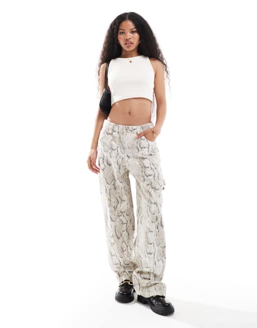 Bershka Petite carpenter pants in snakeskin print | ASOS