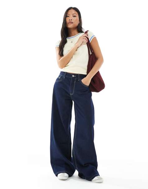 Bershka Petite – Ciemnoniebieskie jeansy z szerokimi nogawkami - view 1