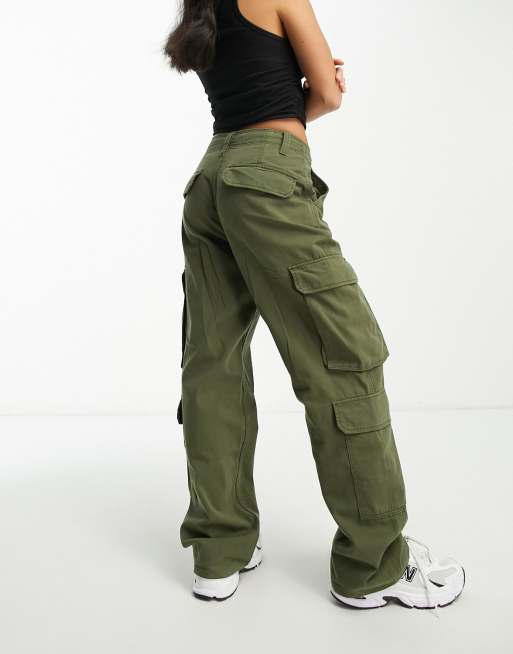 Bershka Petite drawstring waist cargo pants in khaki