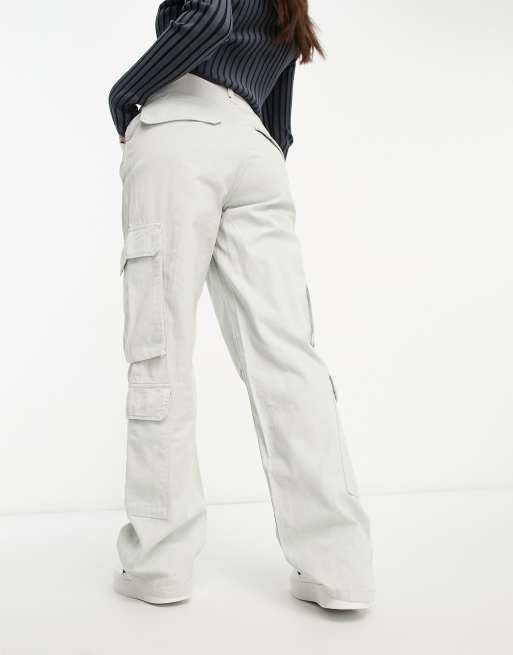 Bershka drawstring waist cargo pants in white