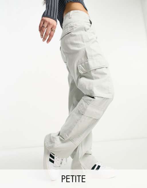 Bershka Petite drawstring waist cargo pants in pale grey