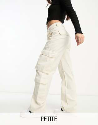 Bershka Petite Drawstring Waist Cargo Pants In White