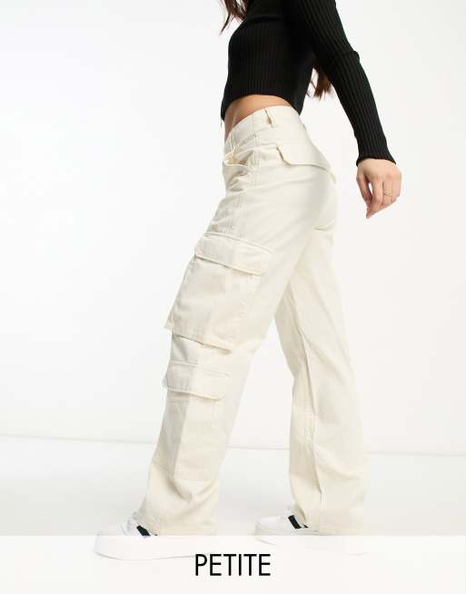 Boohoo Petite Folded Waistband Relaxed Fit Cargo Trousers in White