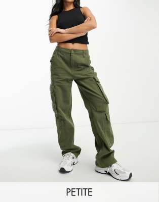 Bershka Petite drawstring waist cargo trousers in khaki - ASOS Price Checker