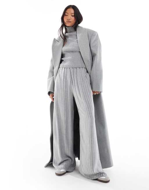 Bershka Petite drawstring waist wide leg pants in gray