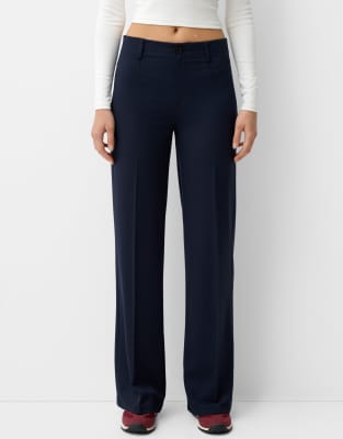 Bershka Petite - Elegante broek met wijde pijpen in blauw - view 1