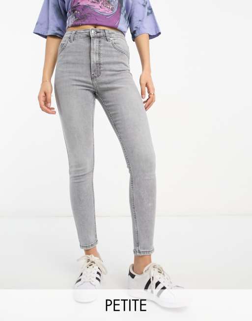 Bershka Petite - Enkellange skinny jeans met hoge taille in grijs