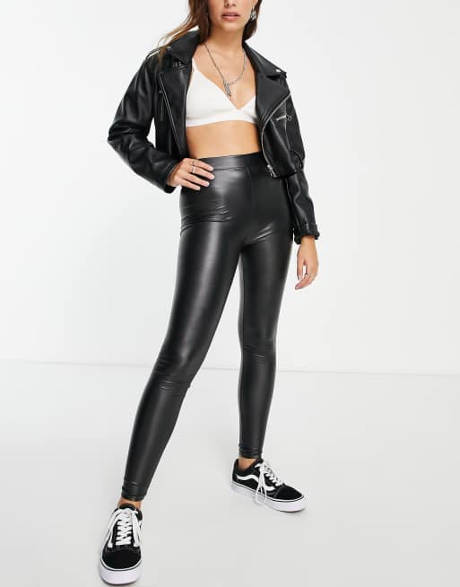 Bershka Petite Faux Leather leggings in Black