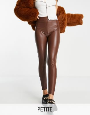 Bershka Petite faux leather legging in brown