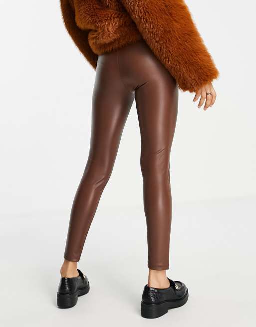 Bershka Petite faux leather legging in brown ASOS