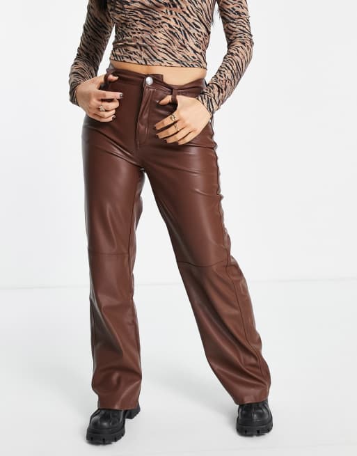 Bershka Petite faux leather straight leg trouser in brown, 2 of 4