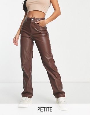 Bershka Petite faux leather straight leg trouser in brown