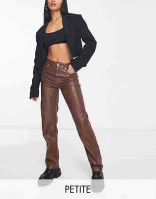Bershka Petite faux leather straight leg trouser in brown - ASOS Price Checker