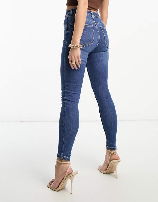 Bershka super high waist skinny jean in mid blue