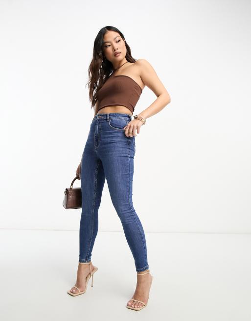 Bershka super high waist skinny jean in mid blue