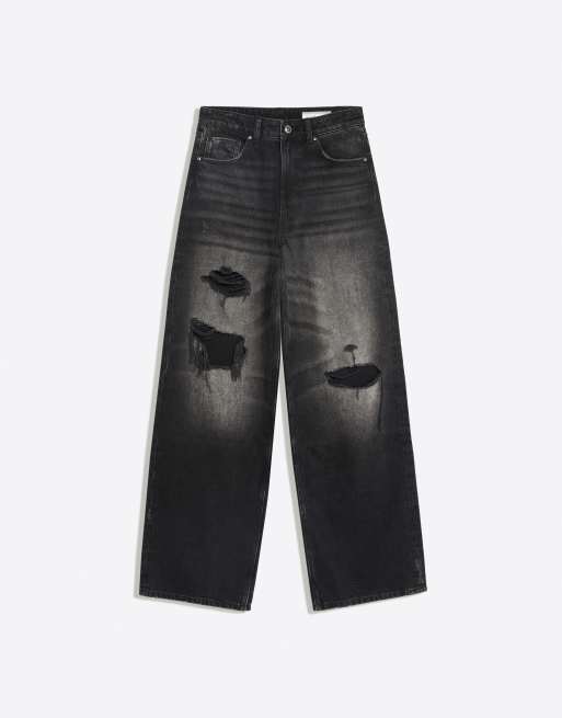 Bershka Petite high-waist wide-leg ripped jeans in black, 6 of 6