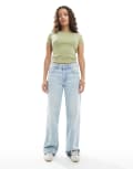 [Bershka] Bershka Petite high waisted 90s wide leg jeans in super light wash blue 14 BLUE