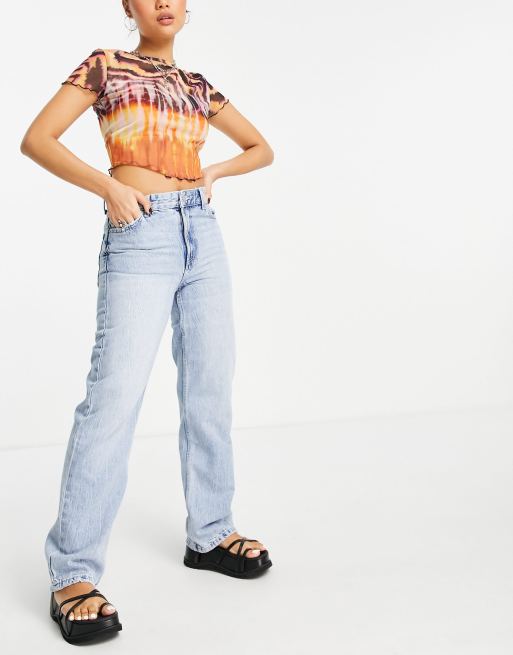 Bershka Petite high waisted dad jean in bleached wash