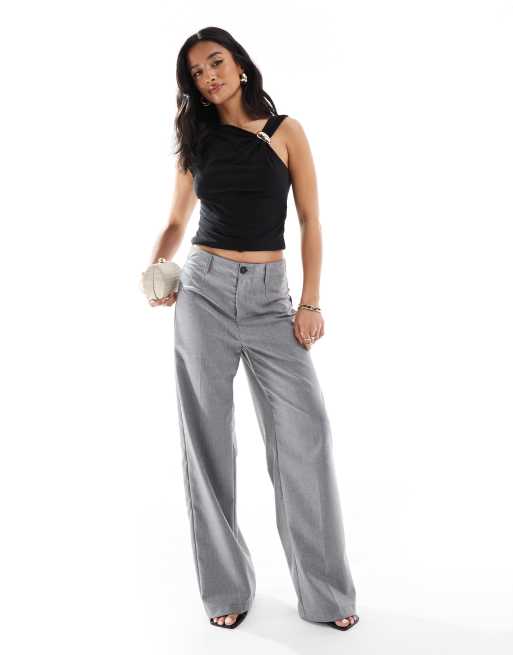 Bershka Petite high waisted wide leg tailored pants in grey