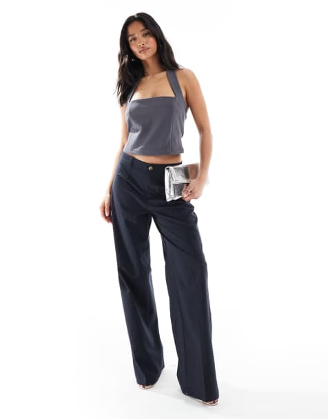 Bershka Petite high waisted wide leg tailored trousers in navy stripe - view 1