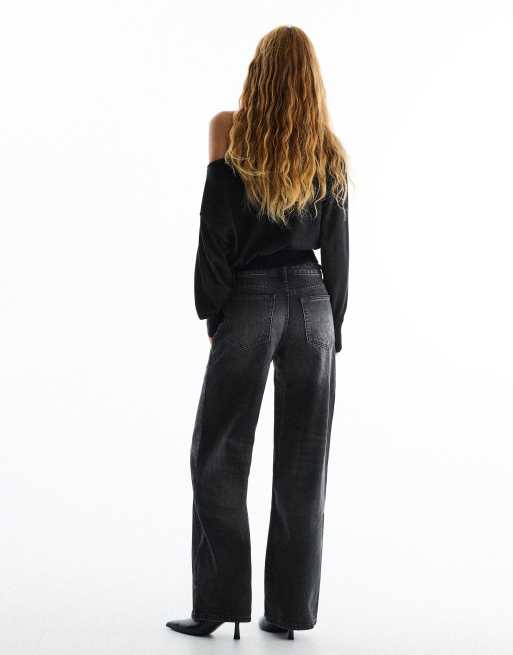Bershka Petite højtaljede jeans med brede ben i sort, 3 af 5