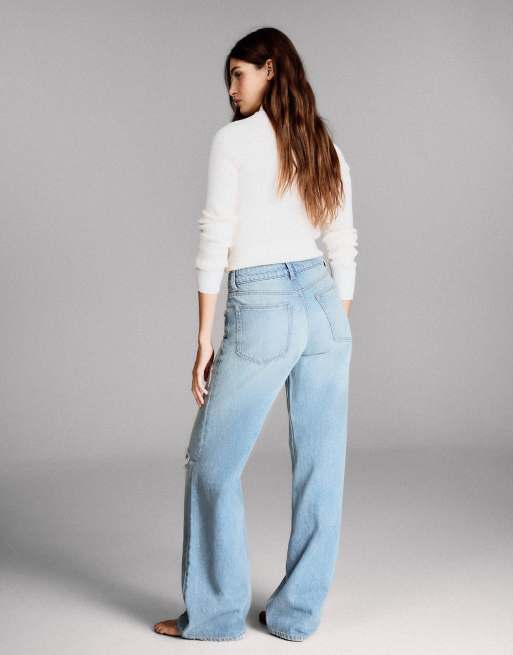 Bershka Petite højtaljede jeans med brede ben og slid i lys blå, 3 af 6