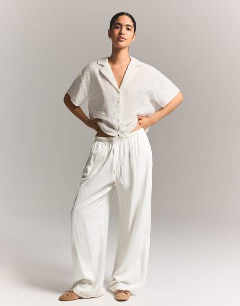 Bershka Petite – Hose aus Leinenmix in Weiß mit elastischem Taillenbund - view 1