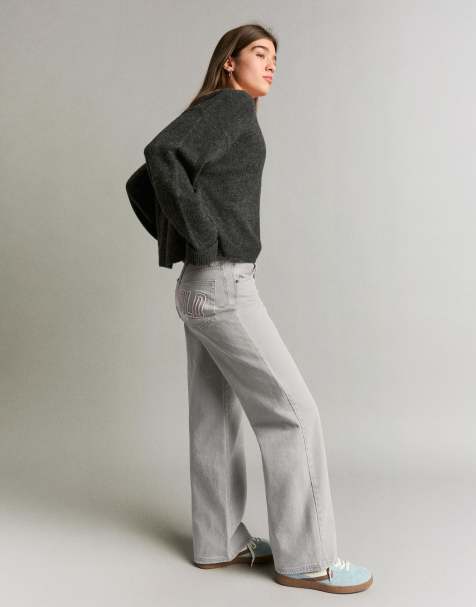 Bershka Petite – Hose aus Twill in Hellgrau mit geradem Schnitt - view 1