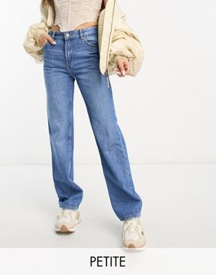 Bershka Petite straight leg jeans mid blue - ASOS Price Checker