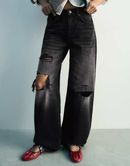 Bershka Petite jean large taille haute déchiré noir, 4 de 6