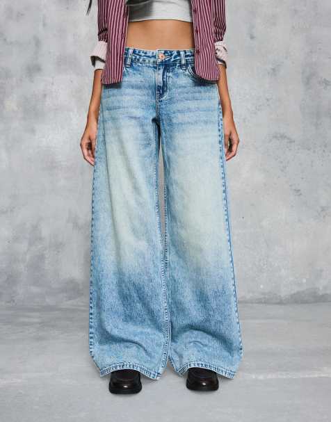 Bershka Petite - Jeans a fondo ampio blu a vita bassa - view 1