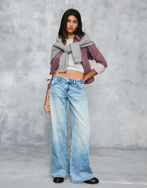 Bershka Petite - Jeans a fondo ampio blu a vita bassa, 3 di 3