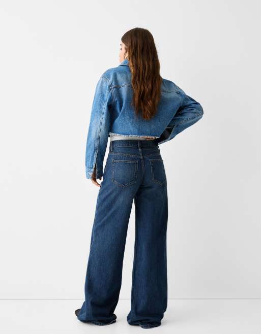 Bershka Petite - Jeans a fondo ampio e vita alta blu scuro, 3 di 4
