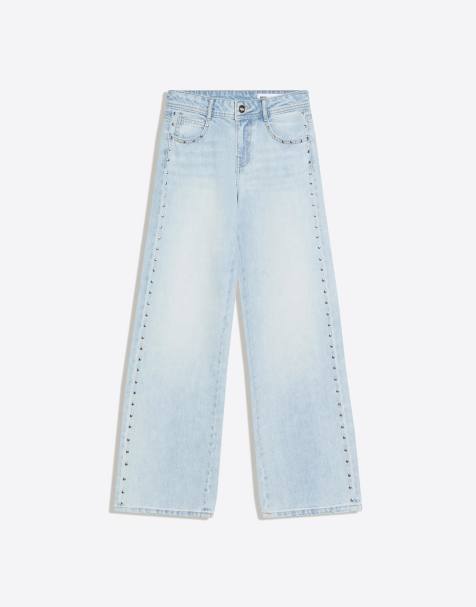 Bershka Petite - Jeans ampi a vita bassa blu medio con borchie - view 1