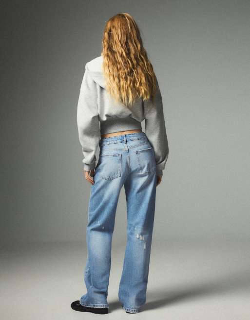 Bershka Petite jeans dritti a vita media blu medio, 3 di 6