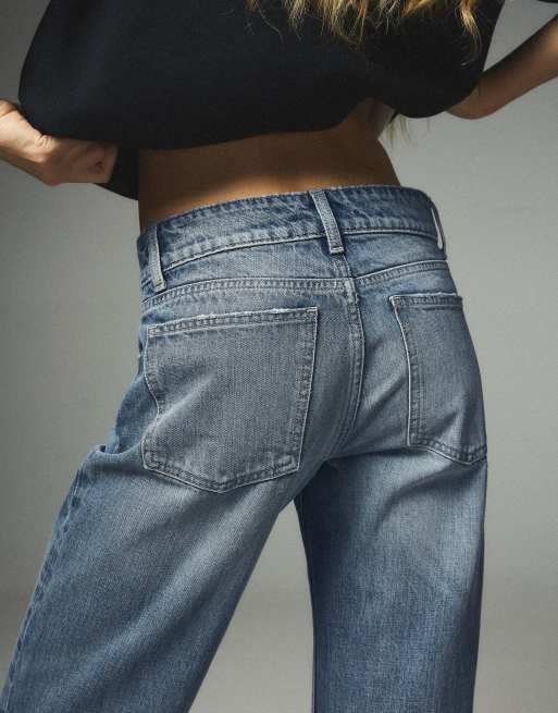 Bershka Petite jeans dritti a vita media blu, 2 di 5