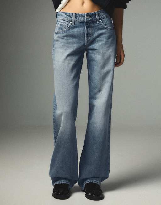 Bershka Petite jeans dritti a vita media blu, 4 di 5