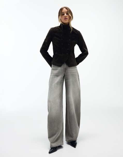 Bershka Petite jeans met hoge taille en barrel-pijpen in lichtgrijs - view 1