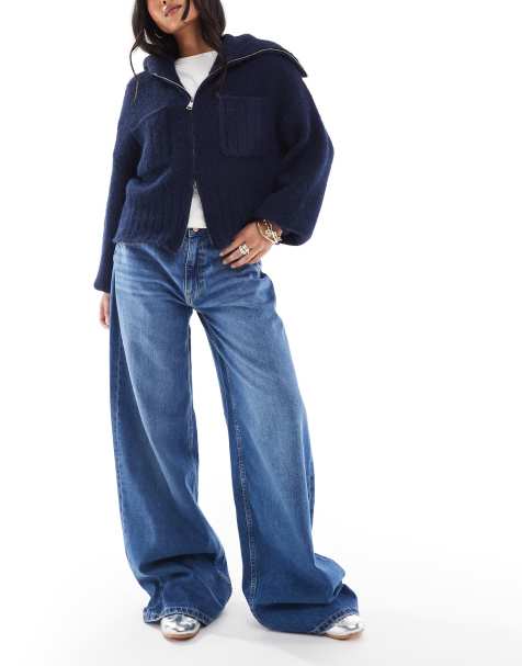 Bershka Petite - Jeans met hoge taille en wijde pijpen in donkerblauw - view 1