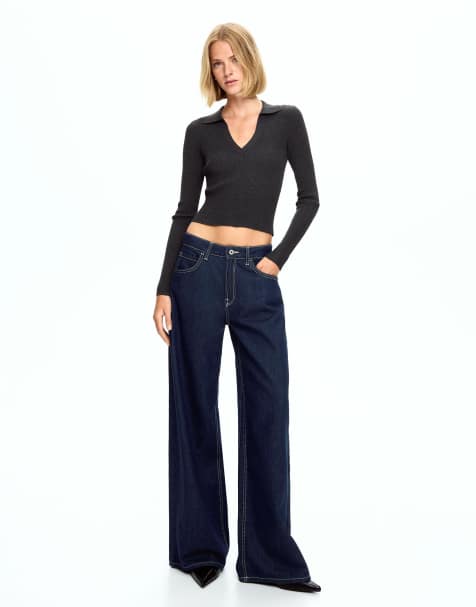 Bershka Petite - Jeans met wijde pijpen in blauw - view 1