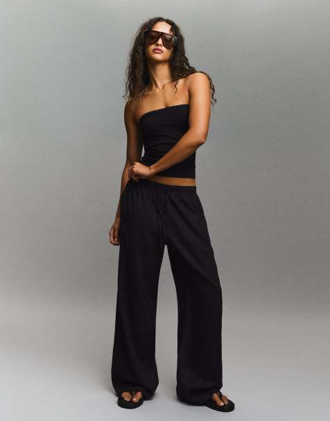 Bershka Petite linen rich trousers with an elasticated waistband in black - BLACK - view 1